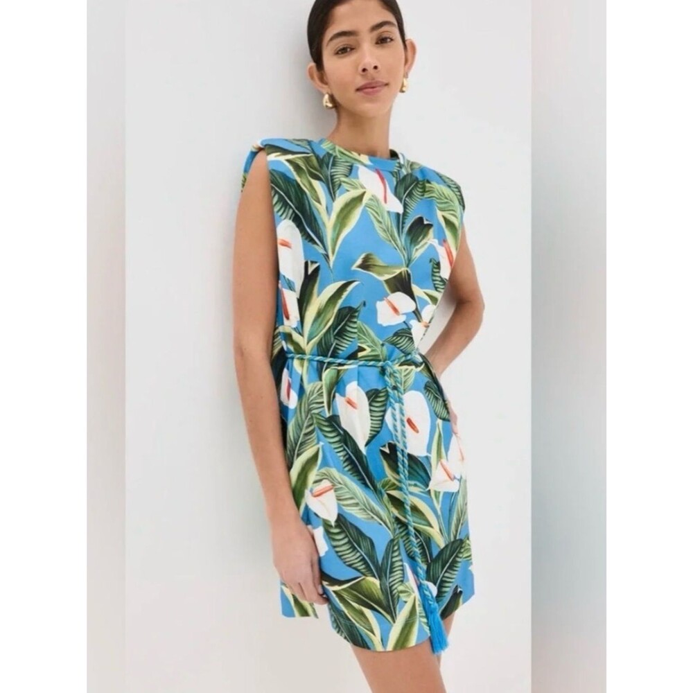 Farm Rio Blue Anthurium Garden Organic Cotton Mini T-Shirt Dress Medium